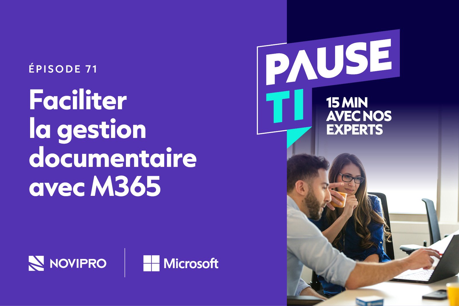 Image du balado « Pause TI », le podcast de NOVIPRO. Cette semaine, il porte sur la gestion documentaire. Dans ce balado, vous apprendrez à mieux classer vos fichiers et à harmoniser la classification de vos dossiers.